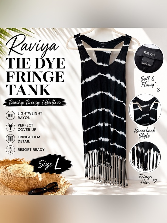 Raviya Other - Raviya Black White Tie Dye Fringe Tank Dress Coverup Size Large